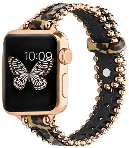 GerbGorb Bracelet de montre en cuir véritable compatible avec Apple watch 42 mm 44 mm 45 mm série 8 7 6 5 4 3 2 1 SE SE 2, bracelet de bijoux iWatch pour femme fille, imprimé léopard/or rose boucle