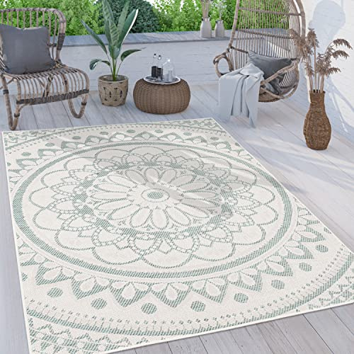 Paco Home Outdoor Teppich wetterfest & robust modernes Mandala & Boho Design pflegeleicht & flachgewebt für Balkon, Terrasse, Garten, Wohnzimmer & Küche Ethno Mandala, Grösse:80x250 cm, Farbe:Türkis