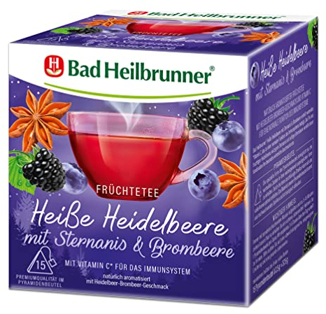 Bad Heilbrunner Heiße Heidelbeere mit Sternanis & Brombeere - Früchtetee im Pyramidenbeutel - Heidelbeere, Sternanis, Brombeere - Vitamin C für Abwehrkräfte & das Immunsystem (6 x 15 Pyramidenbeutel)