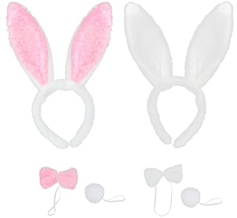 TSHAOUN 2 Sets Hasenohren Haarreif, Bunny Ohren Haarreif Cosplay,Tier Kostüm Set, Bunny Kostüm Set Stirnband Fliege Schwanz für Kinder Erwachsene Karneval Party