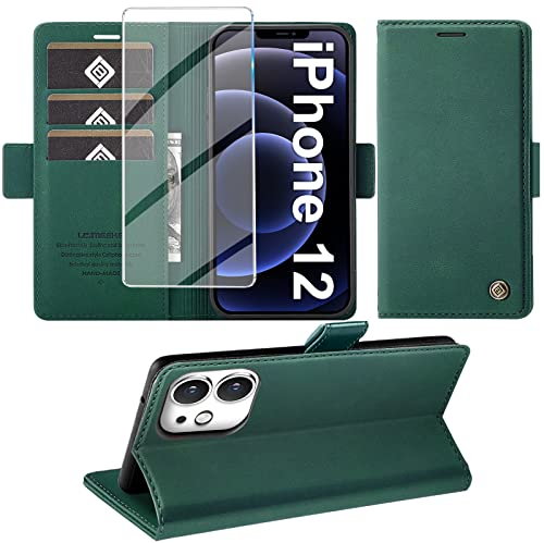 Giyer Handyhülle für iPhone 12/12 Pro Hülle mit Schutzfolie, Standfunktion Kartenfach Wallet Premium Leder Schutzhülle für iPhone 12/12 Pro 5G 6.1 Zoll Flip Case Cover Stoßfeste Klapphülle (Grün)