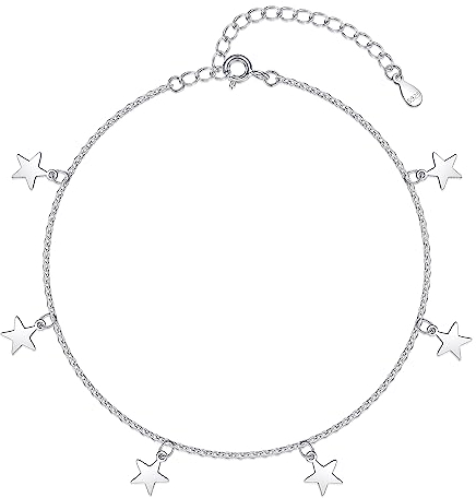 Loutade Chaînes de cheville en argent sterling 925 pour femme, chaîne de cheville réglable en argent 925 avec perle/étoiles, été pieds nus, plage en argent, 20 centimeters