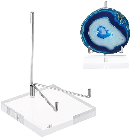 BTSKY Plus Size Adjustable Silver Metal Arm Display Stand Easel with Square Acrylic Base, Display Holder for Geodes Rock Mineral Agate Fossil Coral Coin