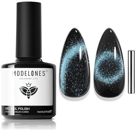 MODELONES UV Nagellack Cat Eye 15 ML, Schwarz mit Magnet, Cat Eye Uv Gel Schwarz, Glitter Soak Off Reflective Gel Magnetic Nagellack für Frauen und Mädchen