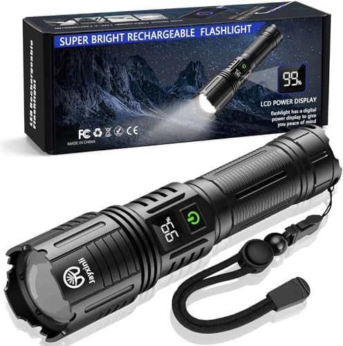 Torches LED Super Bright 500000 Lumen Rechargeable, High Power Torch with Power Display and Zoomable, IP67 Tactical Powerful Torch 5 Light Modes, for Camping, Hiking, Dog Walking