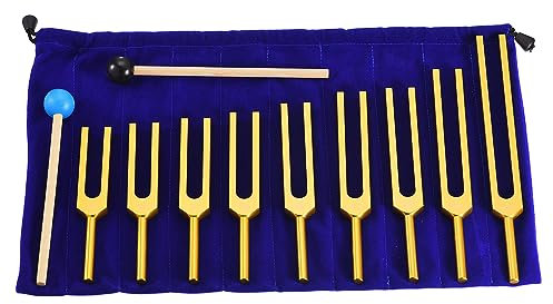 QUARKZMAN Stimmgabel Set 9Stk Stimmgabel Aluminium Legierung für Instrumente Peozess Yoga Klangtest Stimmgabel Werkzeug Set Golden mit Gummi Schlägel und Tasche
