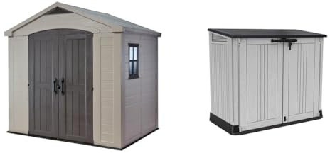 Keter Factor 8 x 6 ft Outdoor Storage Shed, Beige/Brown & Store It Out Nova Outdoor Garden Furniture Storage Shed Light Grey with Dark Grey Lid | Fade Free | All Weather Resistant