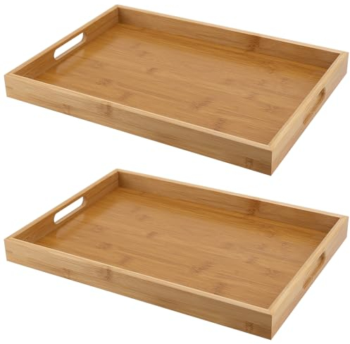 HEIHAK 2 Pack Bamboo Serving Tray with Handles, 41 x 29 x 4cm Rectangular Wooden Bamboo Platters Tray, Breakfast Serving Trays for Tea, Coffee, Eating Food Serving