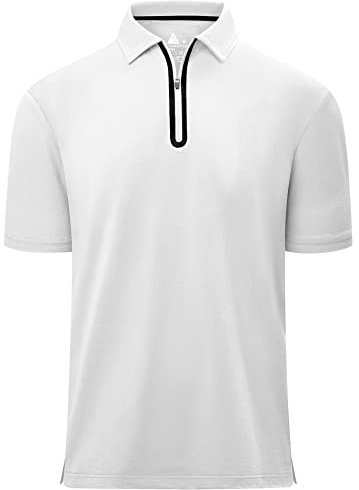 zitysport Polo da uomo con cerniera, a maniche corte, camicia basic, ad asciugatura rapida, da golf, traspirante, per attività all'aperto, con chiusura lampo, da uomo, casual, polo, 1553-bianco, L