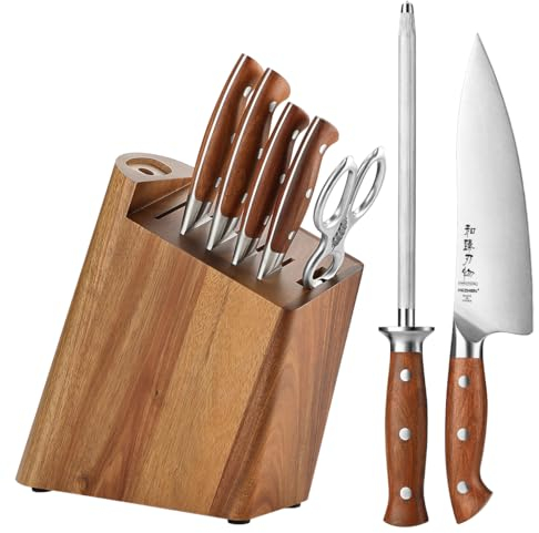 HEZHEN Messerblockset 8-Teilig, Küchenmesser Set Kochmesser Santoku, Rostfreier Stahl Küchenschere,Wetzstab aus Hartstahl,Messerhalter aus Akazienholz