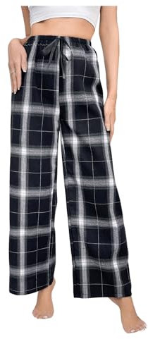 SOLY HUX Schlafhose Damen Pyjamahose Lang Karierte Schlafanzughose Freizeithose Haushose Lounge Unterteil mit Knoten Schwarz S