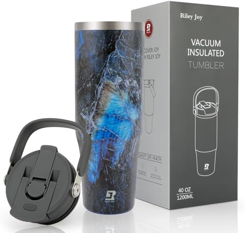 Riley Joy 2.0 Water Bottle with Straw 40 oz Tumbler Leakproof Stainless Steel Insulated Travel Mug, Gifts for Women and Men Dishwasher Safe - Car Coffee Cup - Marble