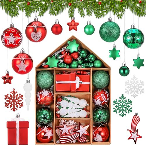 Hejo 70 Pezzi Palline di Natale Rosse Verdi e Bianche,Set Decorazioni Natalizie per Albero,Decorazioni Albero di Natale Palline,Addobbi Natalizi Palline,Natale Decorazioni Casa Palline(3cm-11cm)