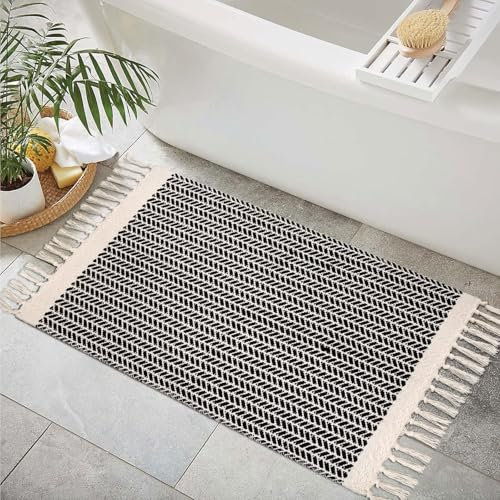 JaeMoose Boho Teppich, Baumwolle Gewebte Teppiche, mit Quasten, waschbarer schwarz-weißer Bauernhaus-Überwurfteppich, kurzfloriger Teppich (Schwarz, 60 x 90 cm)
