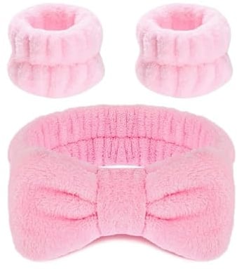 Pink Bowknot Spa Headbands and Wristbands for Face Washing and Skincare Spa Headband and Cuffs