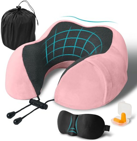 FANHOMAS Nackenkissen Flugzeug, Reisekissen Memory Foam, U-förmiges Travel Neck Pillow Nackenhörnchen Erwachsene mit Schlafmaske und Ohrstöpsel Mitbringen für Flugzeug Auto Büro - Rosa