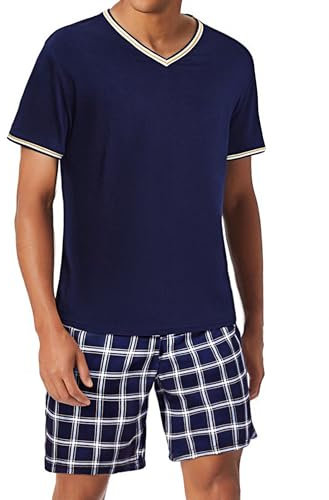 Bresdk Mens Pajamas Set Summer Short Sleeve Cotton Nightwear V Neck Pjs with Pockets Soft Loungewear Pyjamas for Men