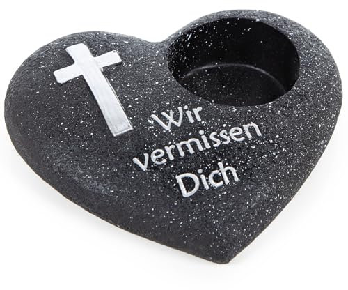 Logbuch-Verlag Grablichthalter Herz mit Inschrift Wir vermissen Dich Halterung für Grabkerze grau 19,5 x 17 x 5,5 cm