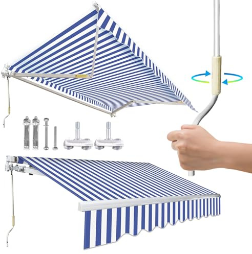 Hebitod Gelenkarmmarkise, Ausziehbar Markise Balkon, 350 * 300CM Ohne Bohren Klemmmarkise, Wetterfest Reißfestigkeit Gelenkmarkise, inkl. Montagematerial Blau Weiß