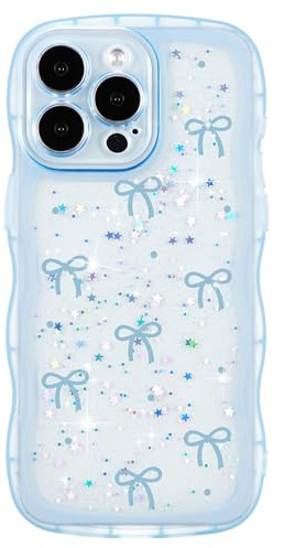 ZTOFERA for iPhone 14 Pro Max Case,Bling Glitter Wavy Cute Bow,Blue | Girly Sparkly,Clear Soft Bumper,Shockproof,Curly Wave Frame