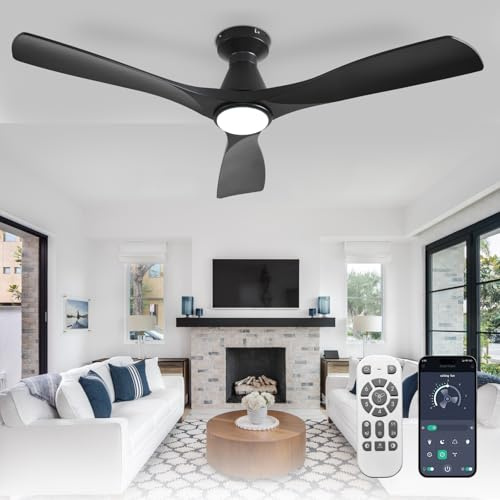 Depuley 52-Inch Ceiling Fans with Lights: Black 3 Blade Flush Mount Low Profile Ceiling Fan for Bedroom - Dimmable Outdoor Quiet DC Motor Fan with Remote APP Control Timer