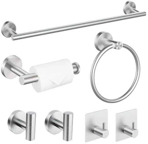 Cnwinu 7 PCS Bathroom Accessory,Toilet Roll Holder and Towel Holder Set,Wall Mounted Bathroom Accessories Set with Hardware,With Toilet Paper Holder,Towel Rail,Towel Ring,Self Adhesive Hooks(Silvery)