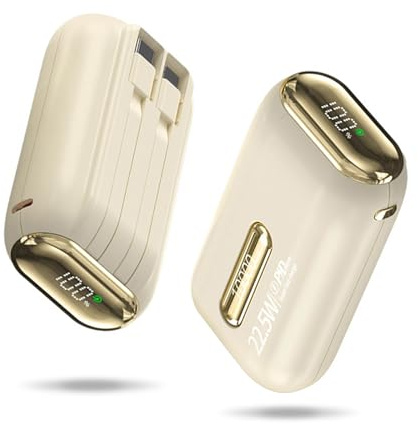 Kleine Power Bank 10000mah, PD 22.5W PowerBank Klein Aber Stark mit integriertem 2 Lightnning/USB C Kabel und 1 Bidirektionalen USB-C-Anschluss, LED-Anzeige, Android, MacBook usw（Beige）