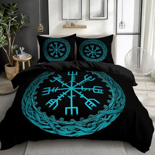 Schwarz Bettwäsche Set 240 x 220 cm Wikinger-Runen Symbole, Wende Motiv Microfaser mit Reißverschluss Bettbezug, für Allergiker geeignet