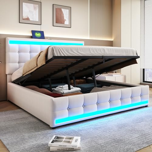 Gxffipw Doppelbett Polsterbett 180x200 cm mit USB Anschluss und LED Licht, Hydraulisches Bett mit Stauraum und Kopfteil, Stauraumbett Bettgestell mit Lattenrost, Leinen, Beige, Ohne Matratze