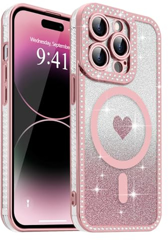 Urarssa Magnetic for iPhone 14 Pro Max Case Glitter, Pink | Removable Sparkly Card Clear Case with Bling Diamonds for Women Girls, Fit for MagSafe, Glossy Soft TPU Shockproof Cover