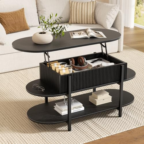 Mossora 41.7 Oval Lift Top Coffee Table, Fluted Wood Center Table with Hidden Storage, 3 Tier Small Tables with Curved Edge, Modern Narrow Coffee Table for Living Room Reception Room, Black