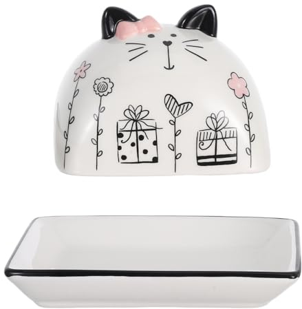 NUOBESTY Butterdose Mit Deckel Keramik Butterschale Für Küchenarbeitsplatte Cartoon Katzenmotiv Hält Butter Frisch Weich Und Streichfähig Für Zuhause Und Familie