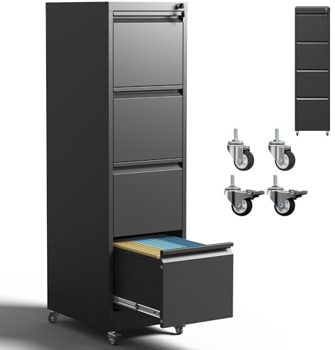 IKIMI 4 Drawer Lockable Metal File Cabinet with Wheels,Black Mobile Filing Cabinets,Vertical File Cabinet for Home Office,Rolling Storage Cabinet for A4/Letter/Legal Size File,Assembly Required