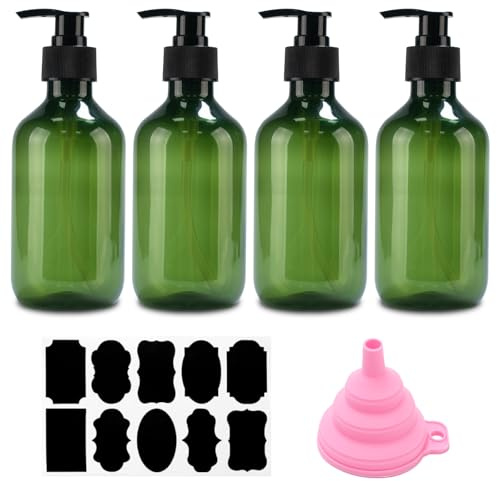 4 STK Seifenspender, 300 ml Shampoo Flaschen zum Befüllen, Duschgel Spender, Pumpspender, nachfüllbare Pumpflaschen, Leere Shampooflaschen für Dusche Lotionen Shampoos + Trichter & Etikett(Grün)