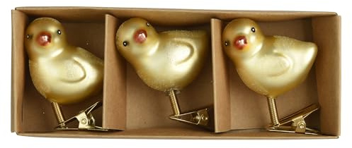 Deko Küken mit Clip 5,5cm Glas 3er Set - Osterküken auf Klammer - zum Dekorieren & Basteln - Osterschmuck Osterdeko Frühlingsdeko - Dekoklammern Goldgelb