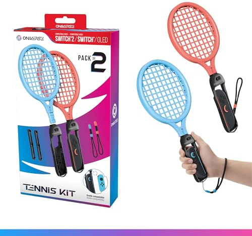 Oniverse 2er-Set Tennisschläger für Nintendo Switch 2 / Switch/OLED – Sportspiele kompatibel mit Mario Tennis Fever, Switch Sports, Zubehör für Joy-Con mit verstellbaren Handschlaufen – Orange/Blau