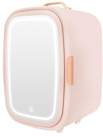 Eieblek Mini nevera cosmética con espejo LED de 3 niveles, pequeño Skincare Fridge con función de refrigeración y calefacción, para dormitorio, oficina y coche (rosa)