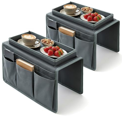 ZHUOmengyun 2 Pcs Functional Sofa Armrest Organizer, Remote Control Holder | Polyester, Waterproof Non-Slip Armchair Caddy Storage Holder Multi Pockets Tray Organisers for Cup Phone Tablet and Snack