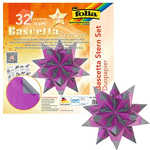 folia 338/2020 - Bastelset Bascetta Stern Duo lila/anthrazit, 32 Blatt, 20 x 20 cm, fertige Größe des Papiersterns ca. 30 cm, mit ausführlicher Anleitung - ideal zur zeitlosen Dekoration