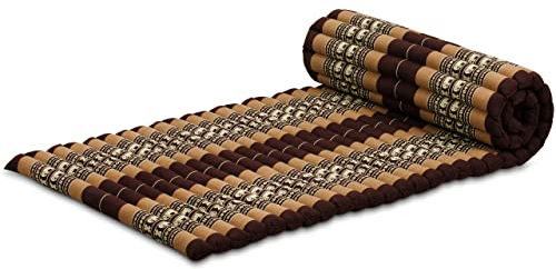livasia Rollmatte Rollmatratze M schmal Einzelbett - 200x75x4,5cm - Gästebett Gästematratze 1 Person mit Muster, Reisebett Kofferraum outdoor, Thaimatte Kapok Garten handgefertigt (Braun/Elefanten)