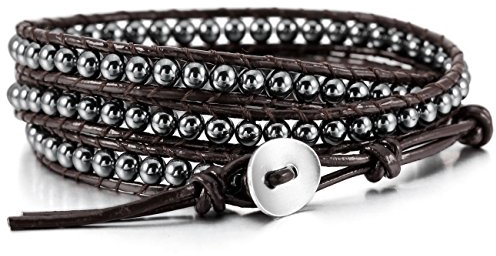 MOWOM Layered Bracelets für Frauen Männer Jungen Mädchen Echtes Leder Armband Seil Armreif Manschette Edelstein Perlen Geflochtenes Armband 3 Wickel Verstellbare Handgefertigte Achat Schmuck Geschenk