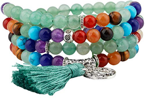 KYEYGWO 108 Gebet Mala Perlen Armband für Damen Herren, 6mm Tibetisch-buddhistischen 7 Chakra Heilstein Halskette für Unisex, Grün Aventurine
