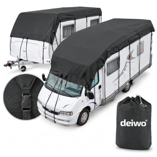 deiwo Dachschutzplane Wohnwagen Wohnmobil Caravan, wetterfest, 9 x 3 m | 4-Schicht SFS · UV-beständig · begehbar · universelle Passform · Steckschnallen · Transporttasche · ganzjährig · ca. 7 kg