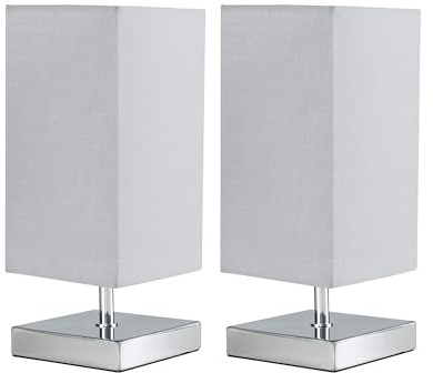 Pair of - Modern Square Polished Chrome Touch Table Lamps with a Grey Shade