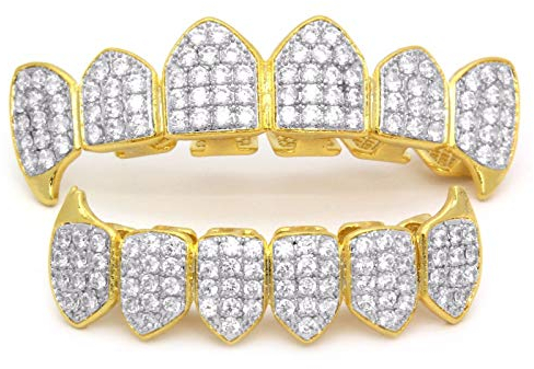 Moca-Schmuck Hip-Hop 18 Karat vergoldet, voll gefrorener CZ-Diamant-Vampir, Ober- und Unterseite, Grills für Ihre Zähne mit zusätzlichen Formstangen (Silber)