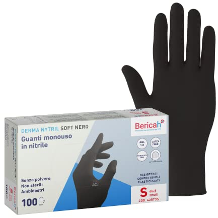 Bericah,Derma Nytril Soft Nero, Guanti in Nitrile,Senza Polvere, Taglia S,100 Pezzi