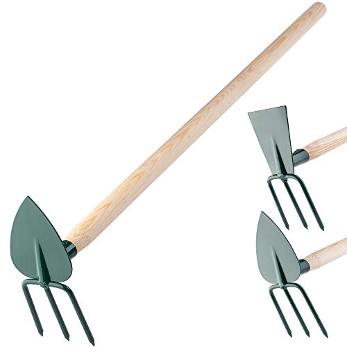 KADAX Hache de jardin à double hache pour jardin, aérer et rajeunir le sol, accessoires de jardin en métal pour enlever les mauvaises herbes klein, 3 Zinken - Herz Manche en bois
