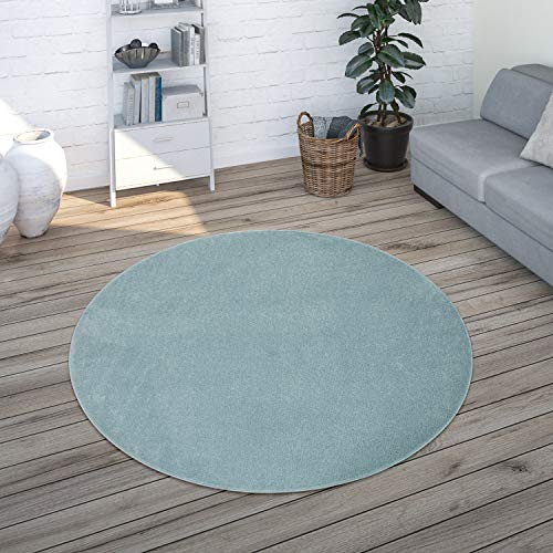 Paco Home Tapis Salon Uni Sobre Et Moderne Poils Ras, Diff. Tailles/Coloris, Dimension:120 cm Rond, Couleur:Turquoise