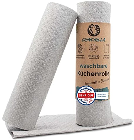 Chinchilla® Rollo de cocina lavable, pack de 12 paños de esponja de madera celulosa, fabricados en Alemania, paños multiusos sostenibles en el hogar, reutilizables