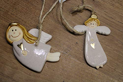 Holzwurm 2 Keramikengel, flach, zum Aufhängen, Christbaumschmuck, Weihnachtsdeko